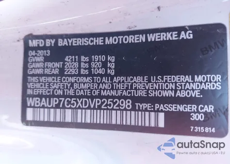 2013 BMW 128I z USA, uszkodzony, nr VIN WBAUP7C5XDVP25298